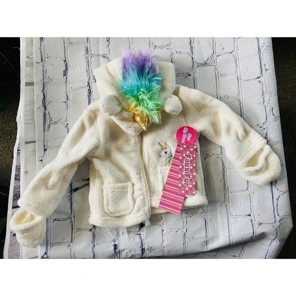 New Baby Girl Wippette Unicorn Warm Fall Sweater Jacket 3-6m Hood/Hand Covers - Picture 2 of 10
